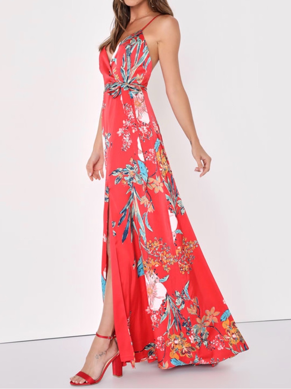 Lulus Still the One Red Floral Print Satin Maxi Dress - Size Large